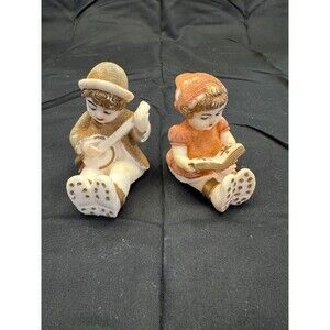 Set of 2 Vintage Bisque Porcelain Figurines Boy Playing Banjo and Girl Reading